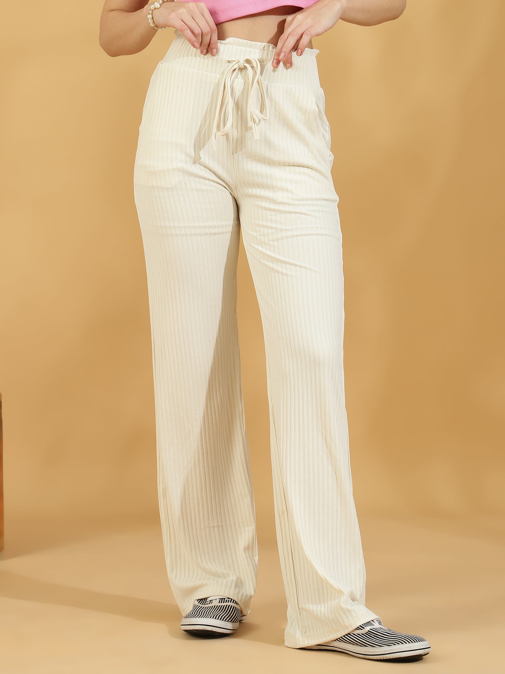 Solid Ribbed Trousers (White)