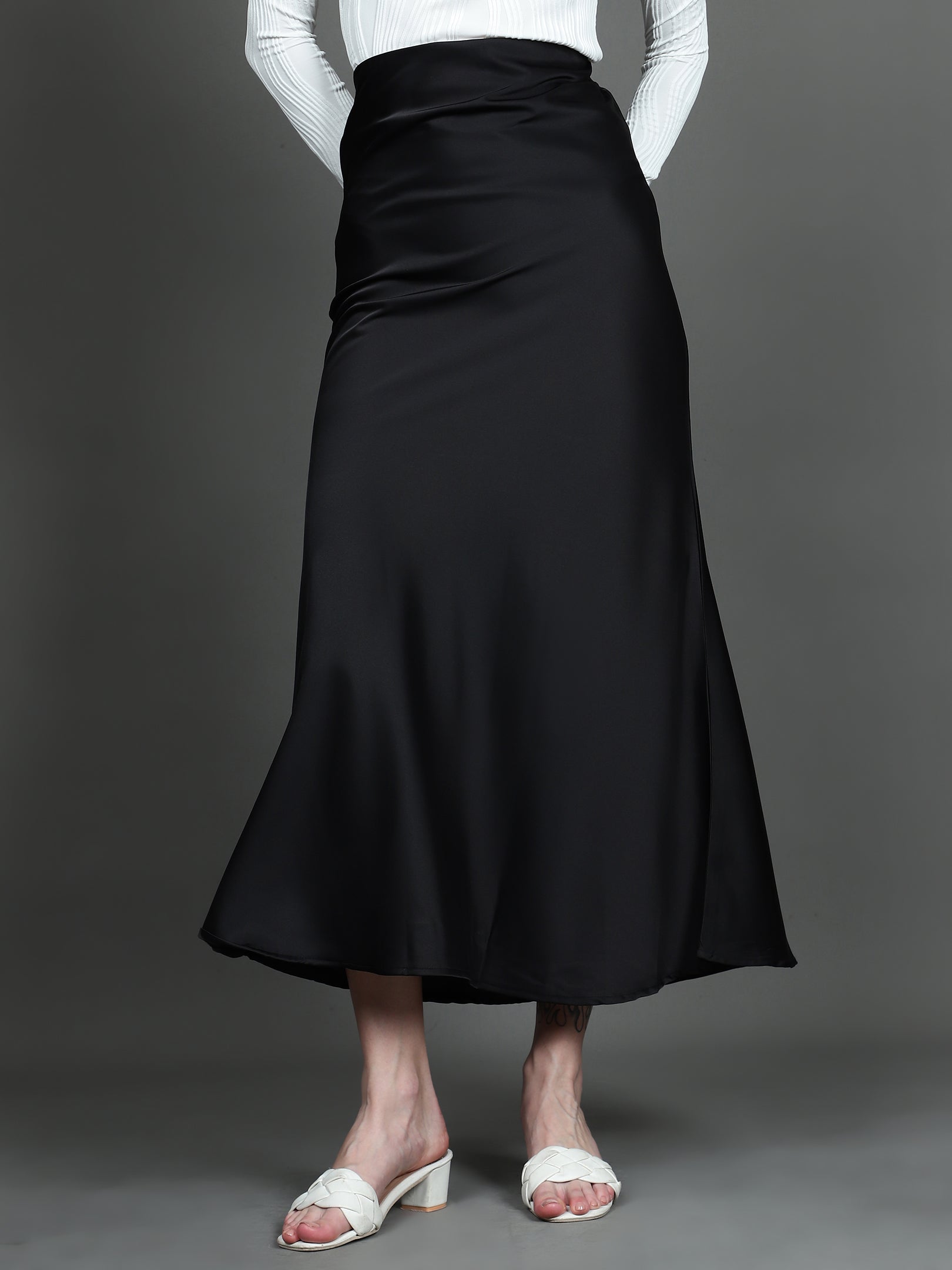 Solid Satin Long Skirt (Black)