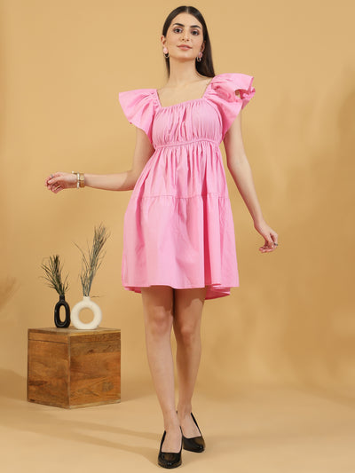 Solid Squared Neck Puff Sleeve One Piece Dress (Pink)