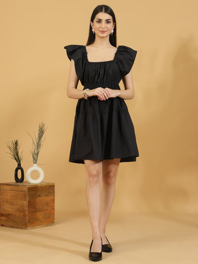 Solid Squared Neck Puff Sleeve One Piece Dress (Black)
