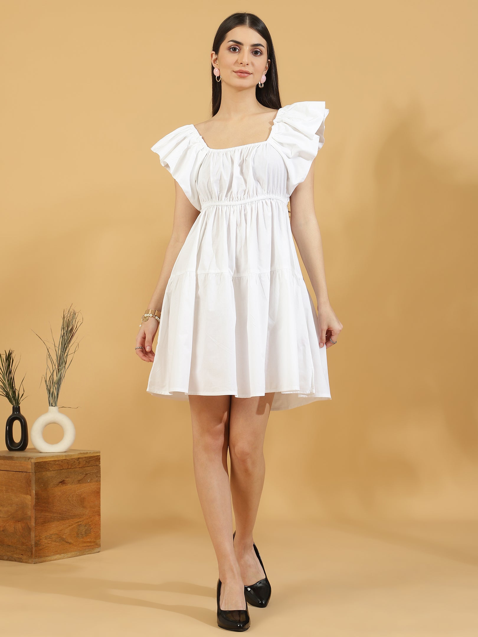 Solid Squared Neck Puff Sleeve One Piece Dress (White)