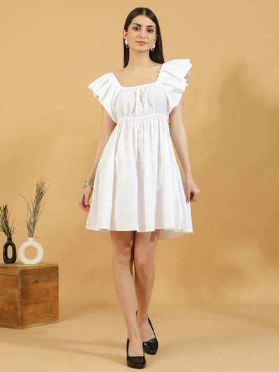 Solid Squared Neck Puff Sleeve One Piece Dress (White)
