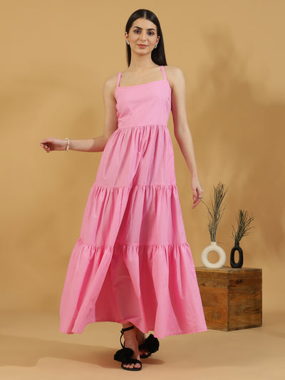Solid Tiered Shoulder Strap Dress (Baby Pink)