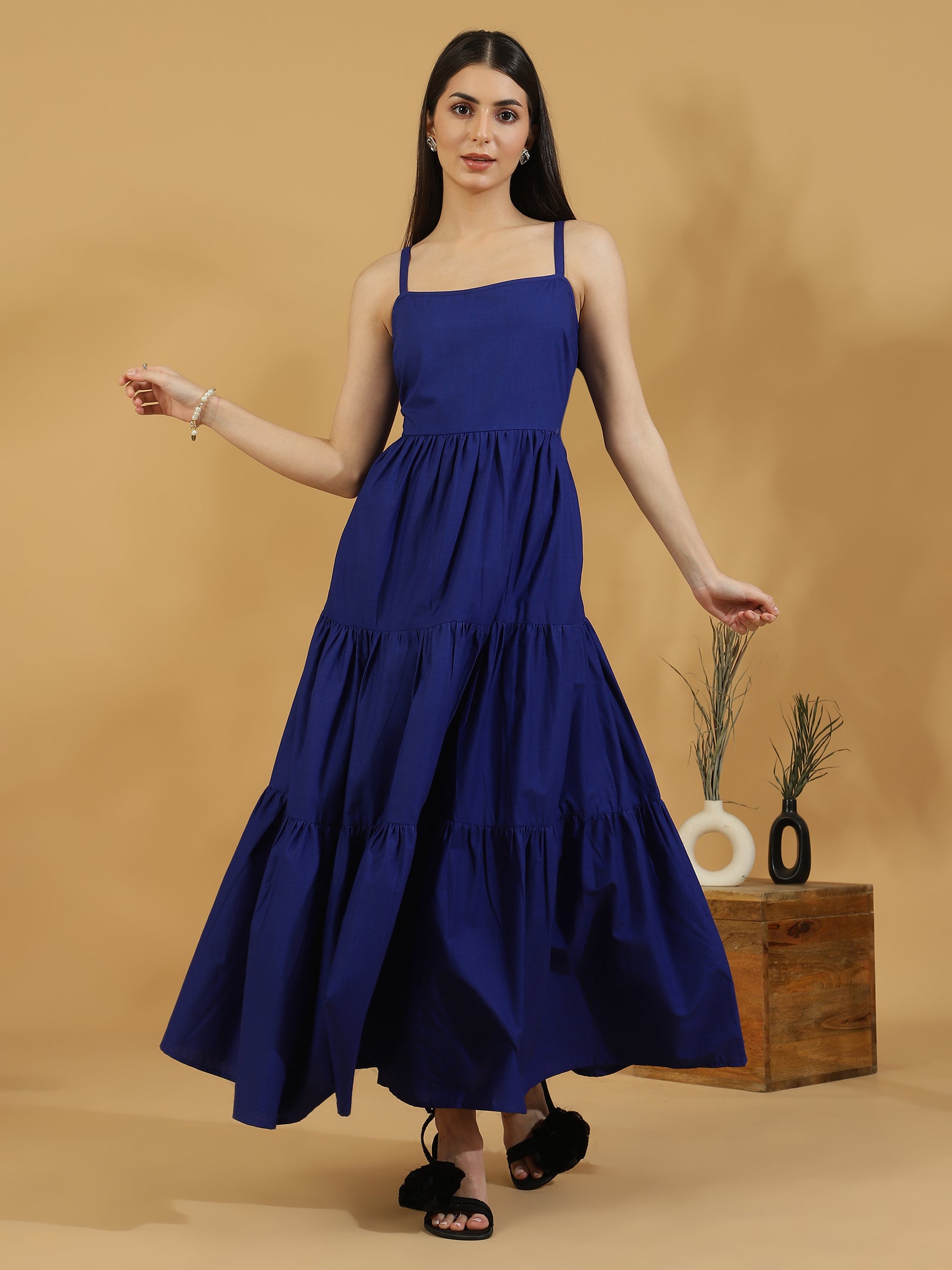 Solid Tiered Shoulder Strap Dress (Dark Blue)