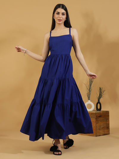 Solid Tiered Shoulder Strap Dress (Dark Blue)