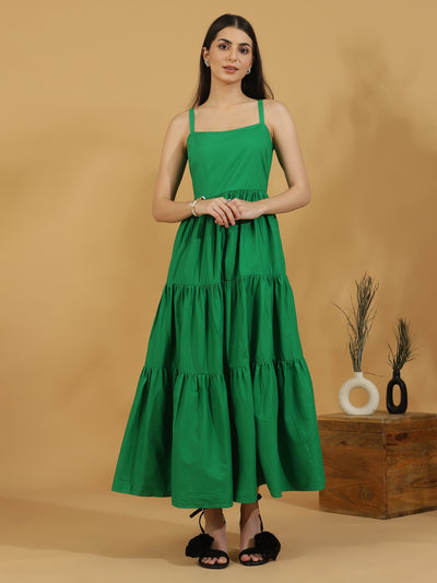 Solid Tiered Shoulder Strap Dress (Green)