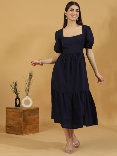Squared Neck Sleeve Tiered Dress (Navy Blue)