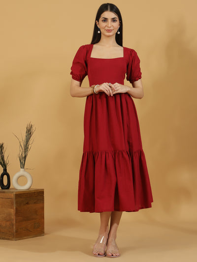 Squared Neck Sleeve Tiered Dress (Red)