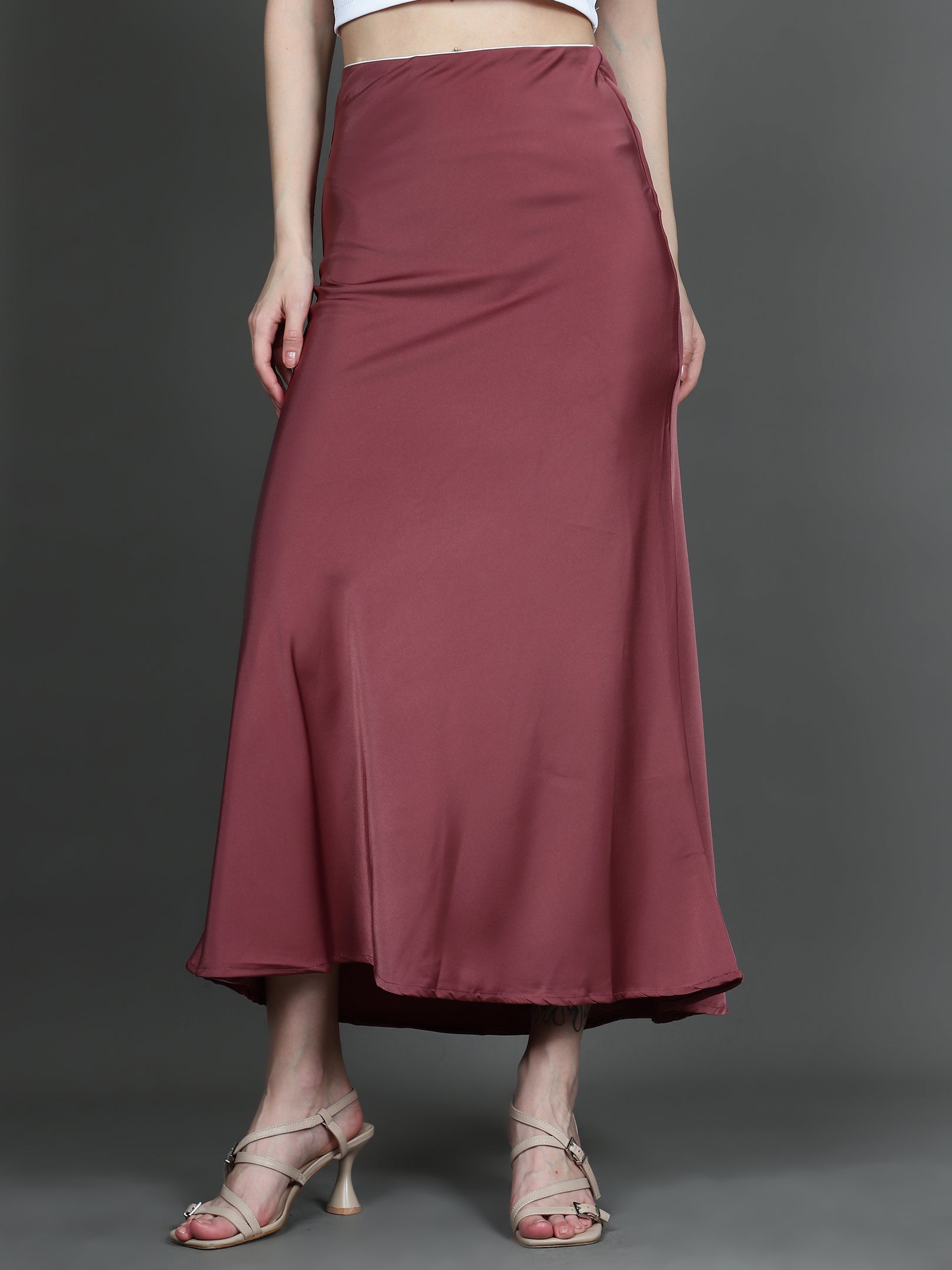Solid Satin Long Skirt (Red)