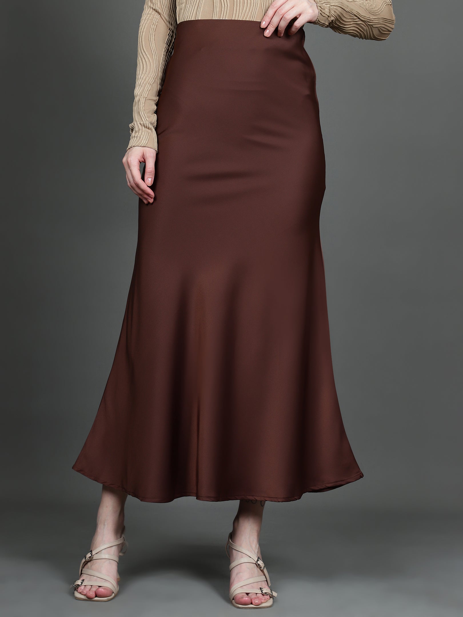 Solid Satin Long Skirt (Dark Brown)