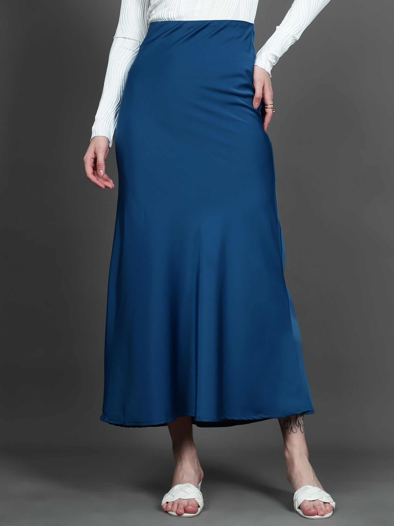 Solid Satin Long Skirt (Blue)