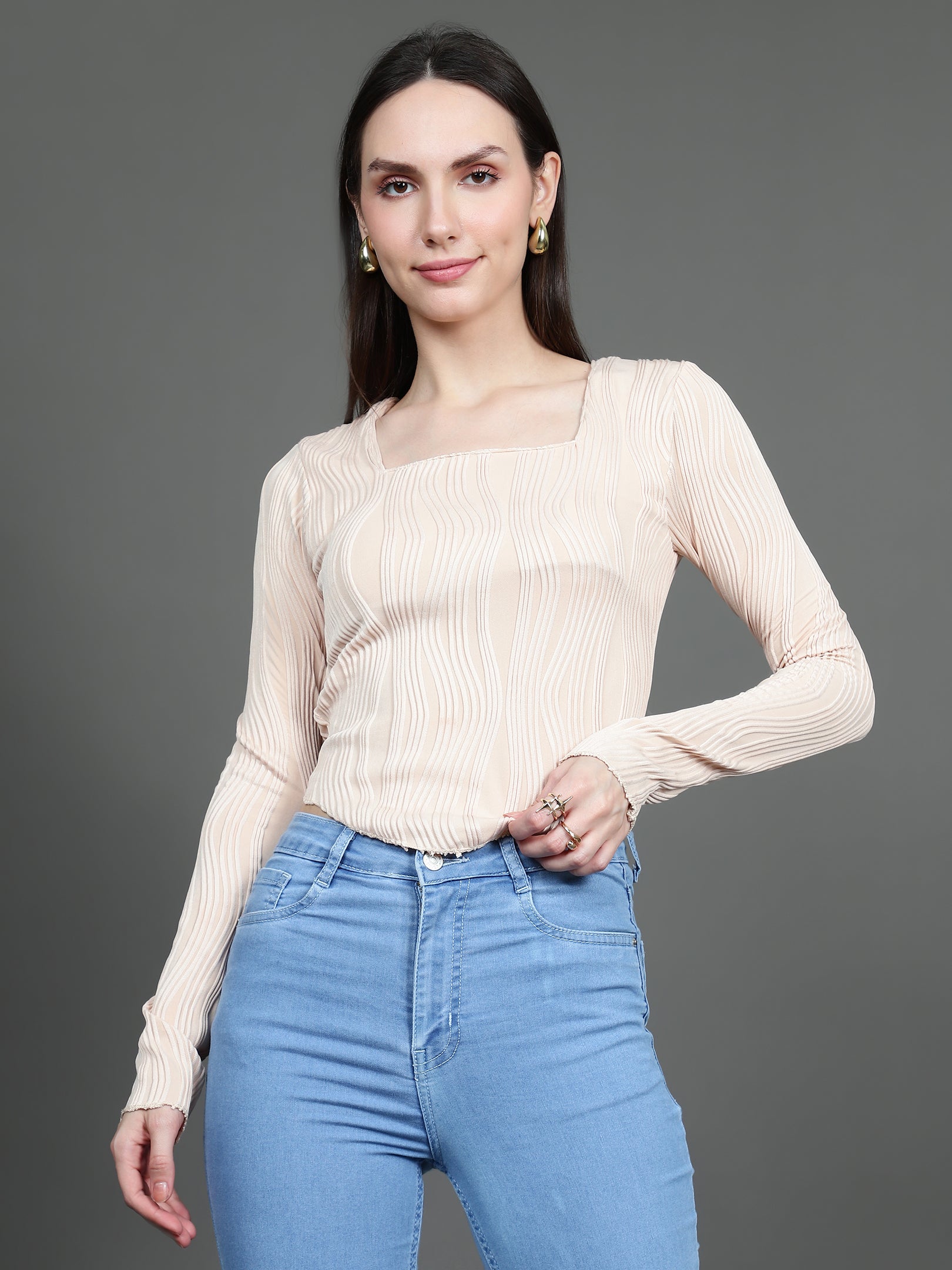 Full Sleeve Square Neck T-Shirt (Cream)
