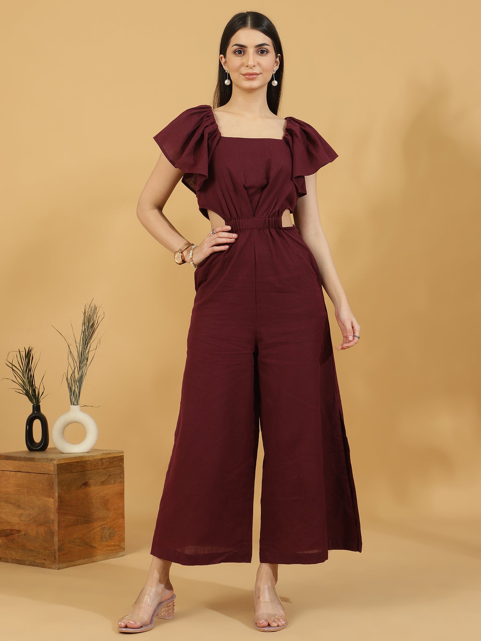 Solid Cutout Sleeveless Jumpsuit (Maroon)