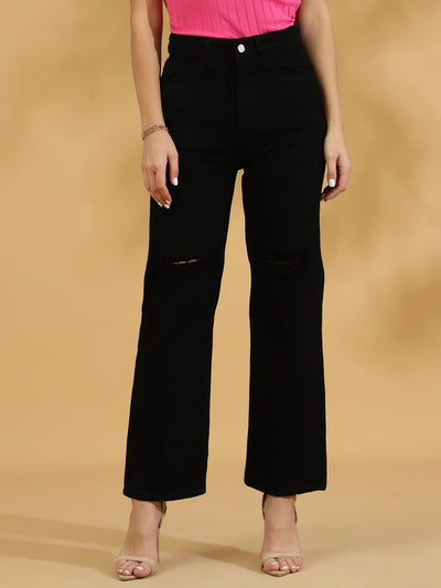 High Rise Distressed Straight fit Jeans (Black)