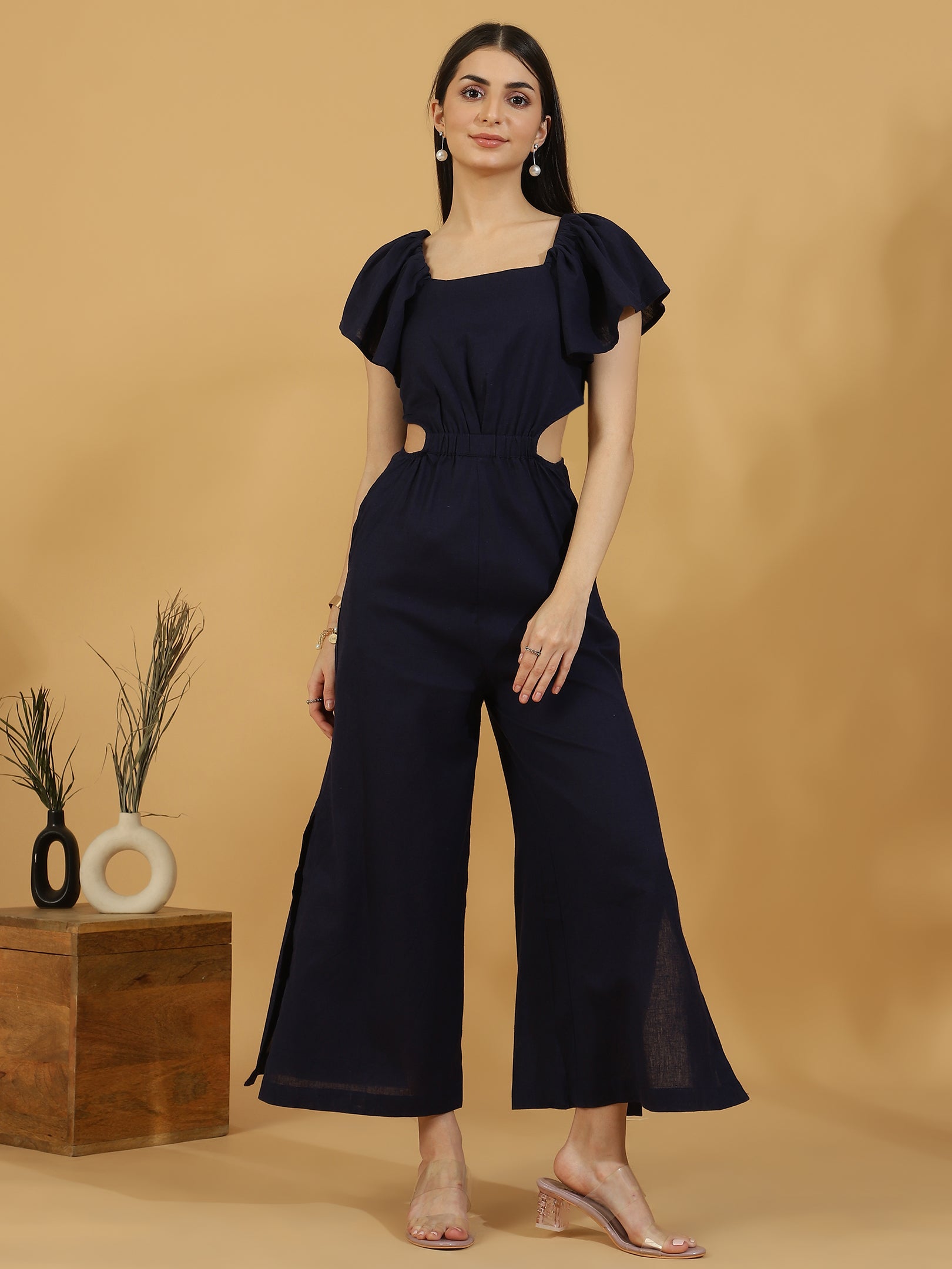 Solid Cutout Sleeveless Jumpsuit (Navy Blue)