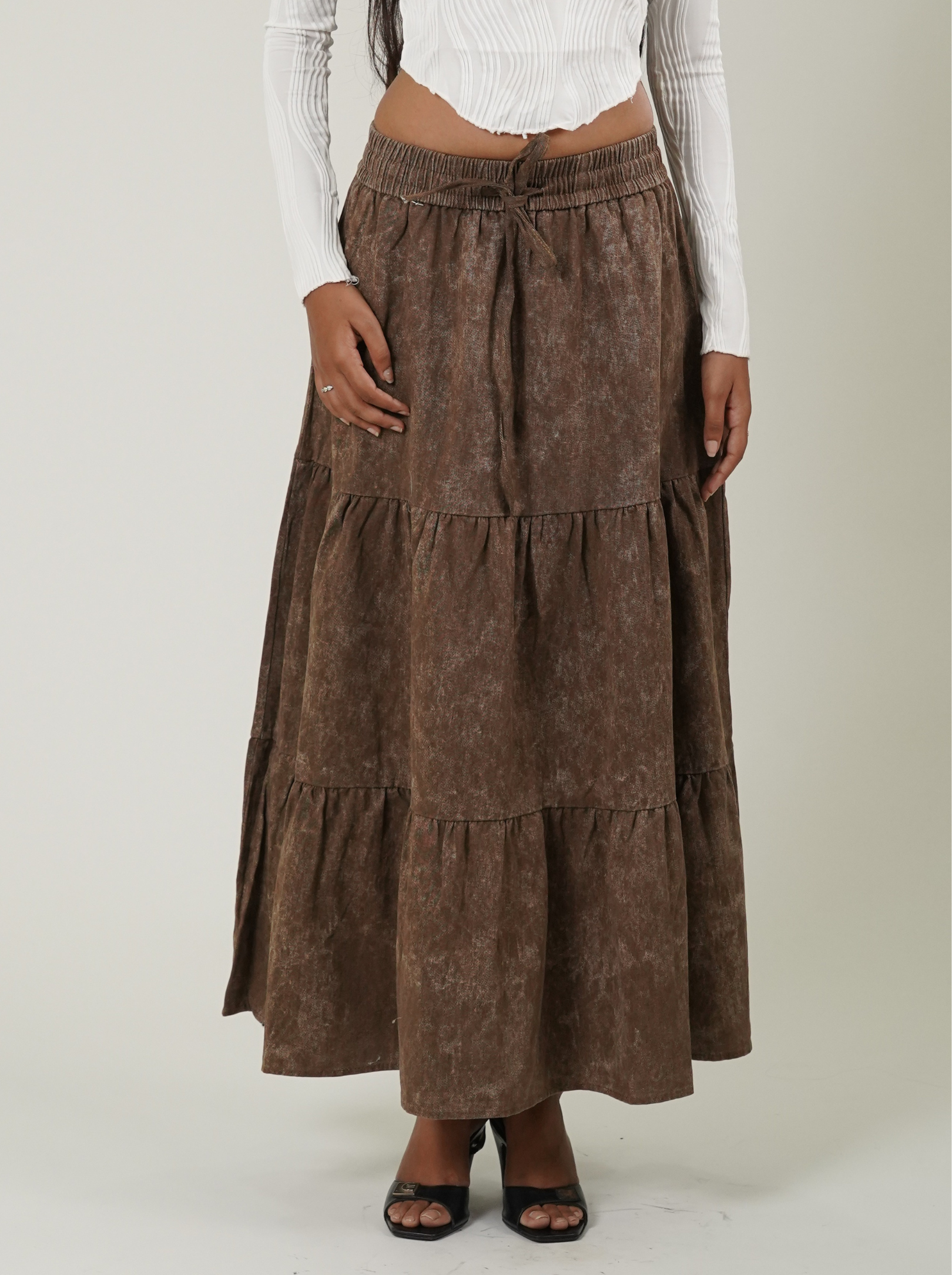 Acid Wash Drawstring Waist Tiered Skirt (Brown)