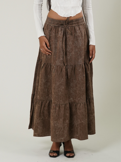 Acid Wash Drawstring Waist Tiered Skirt (Brown)