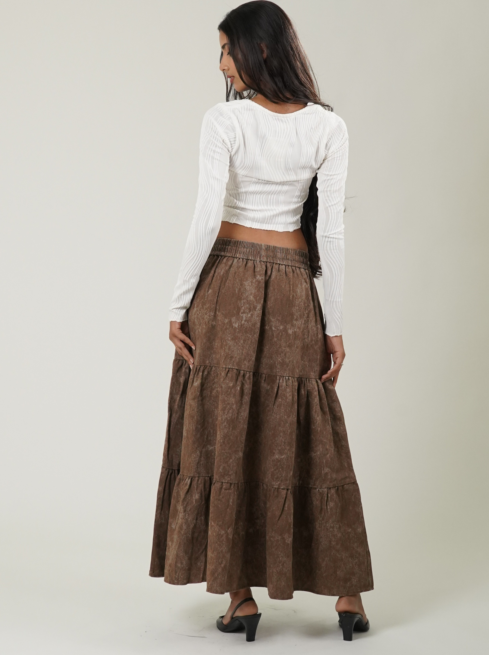 Acid Wash Drawstring Waist Tiered Skirt (Brown)