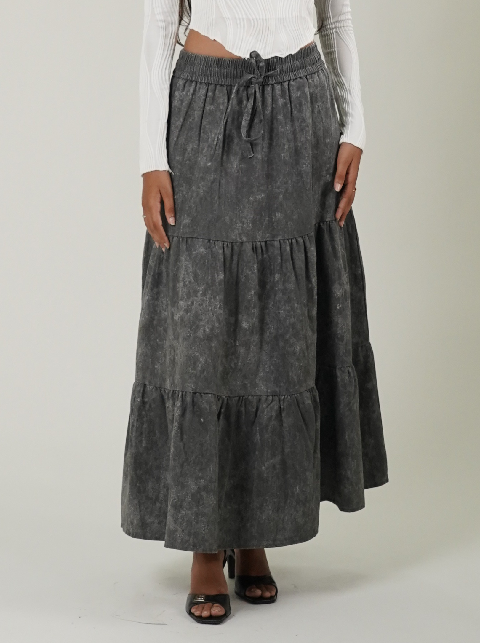 Acid Wash Drawstring Waist Tiered Skirt (Charcoal Grey)