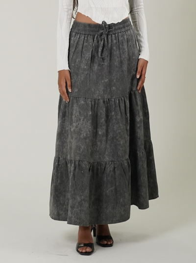 Acid Wash Drawstring Waist Tiered Skirt (Charcoal Grey)