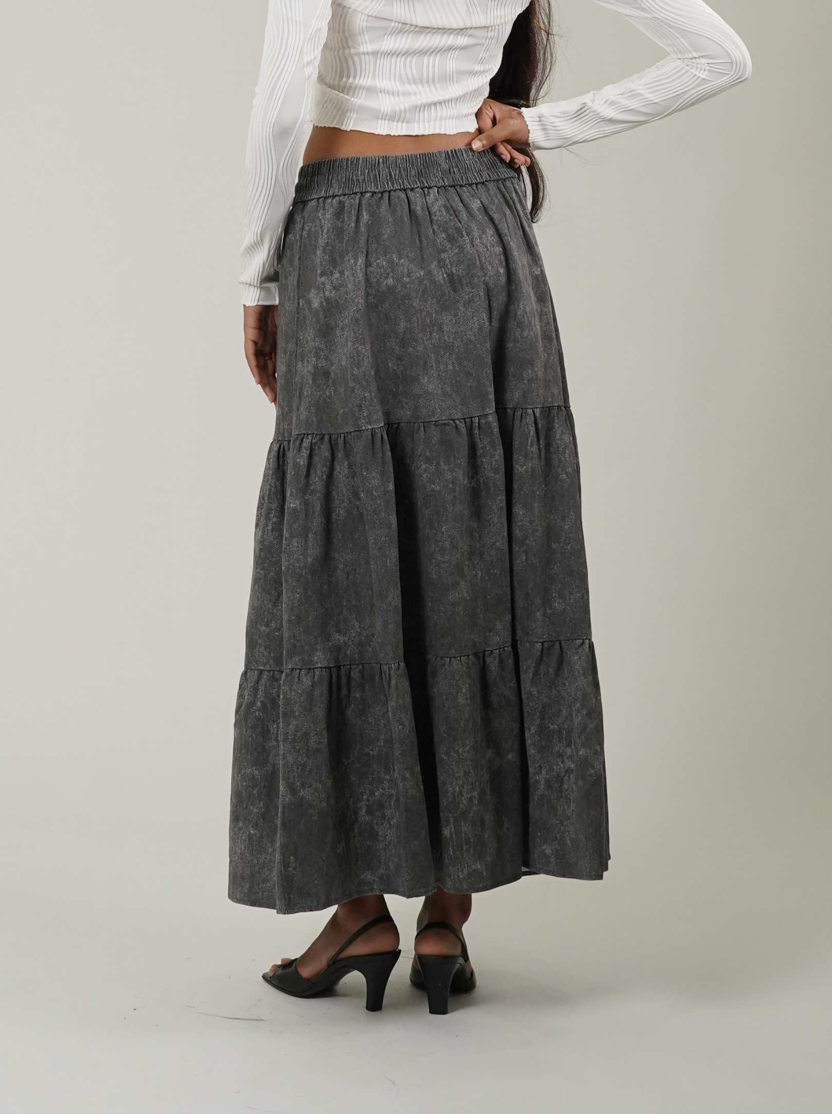 Acid Wash Drawstring Waist Tiered Skirt (Charcoal Grey)