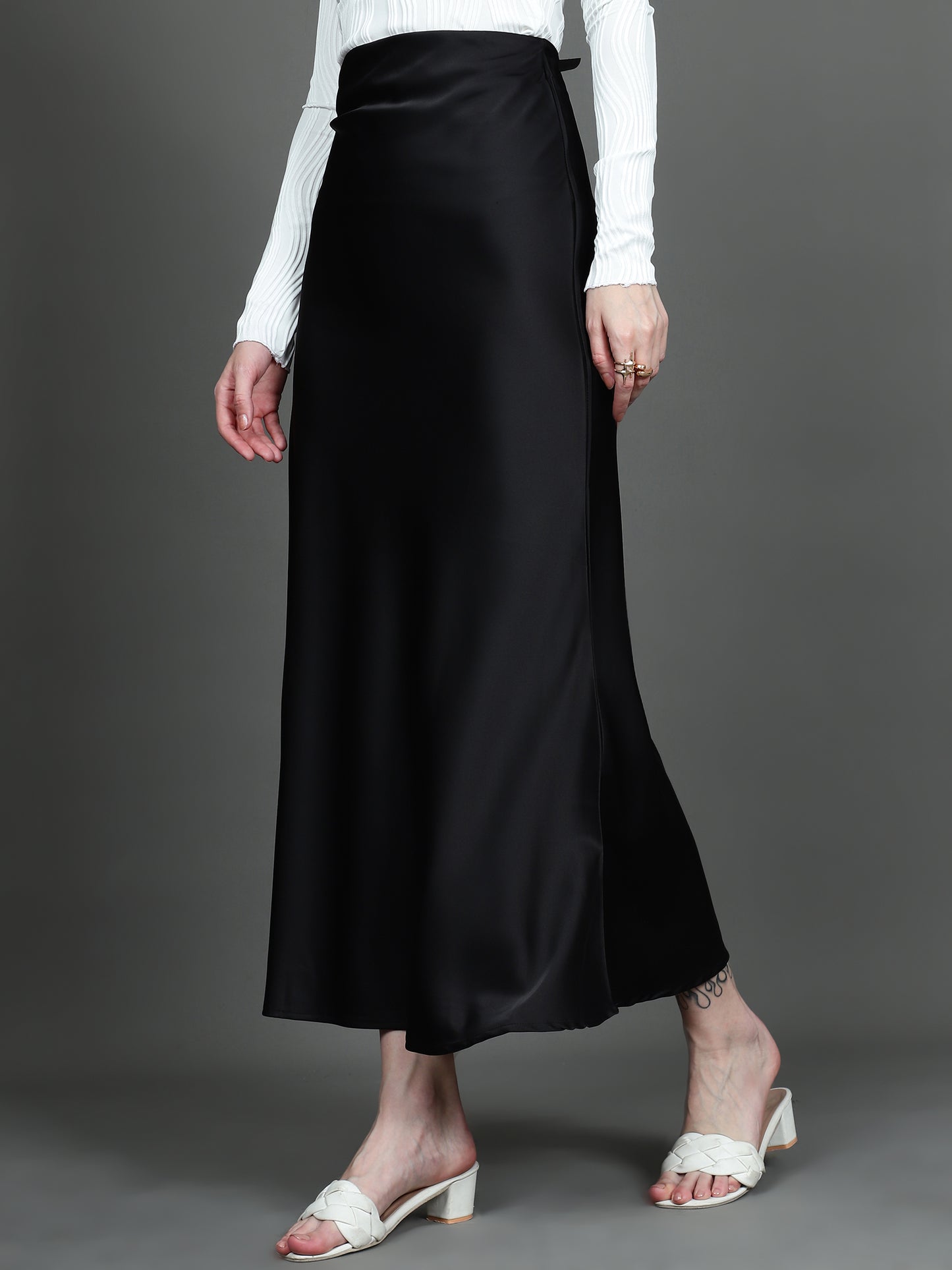 Solid Satin Long Skirt (Black)