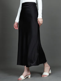 Solid Satin Long Skirt (Black)