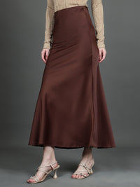 Solid Satin Long Skirt (Dark Brown)