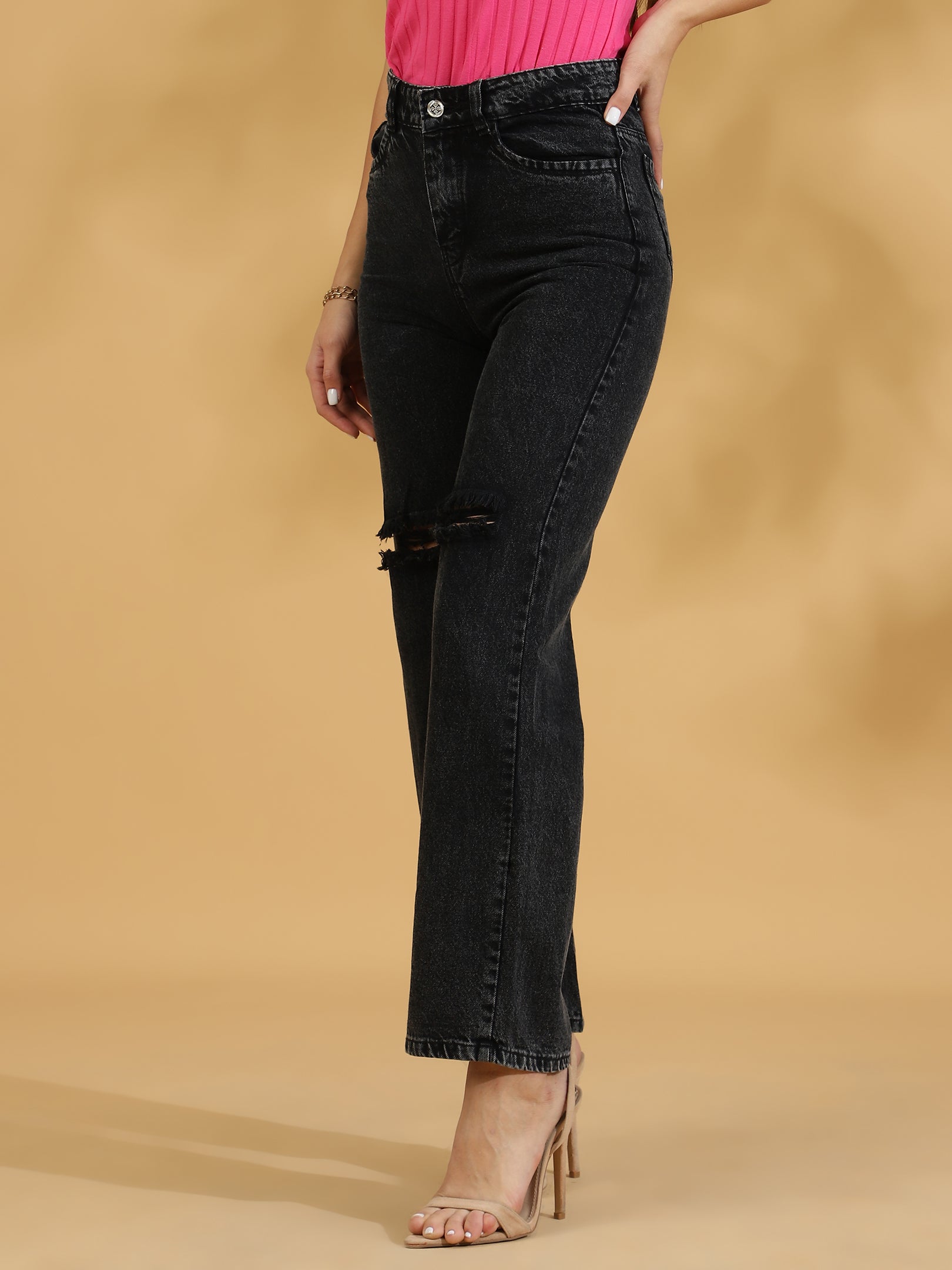 High Rise Distressed Straight fit Jeans (Charcoal Grey)