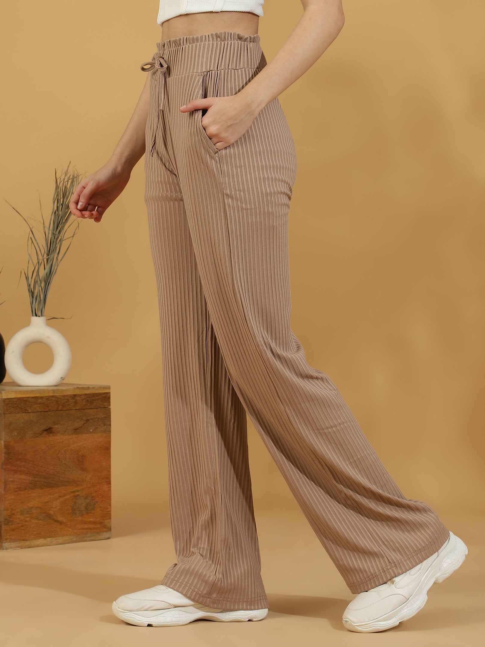 Solid Ribbed Trousers (Beige)