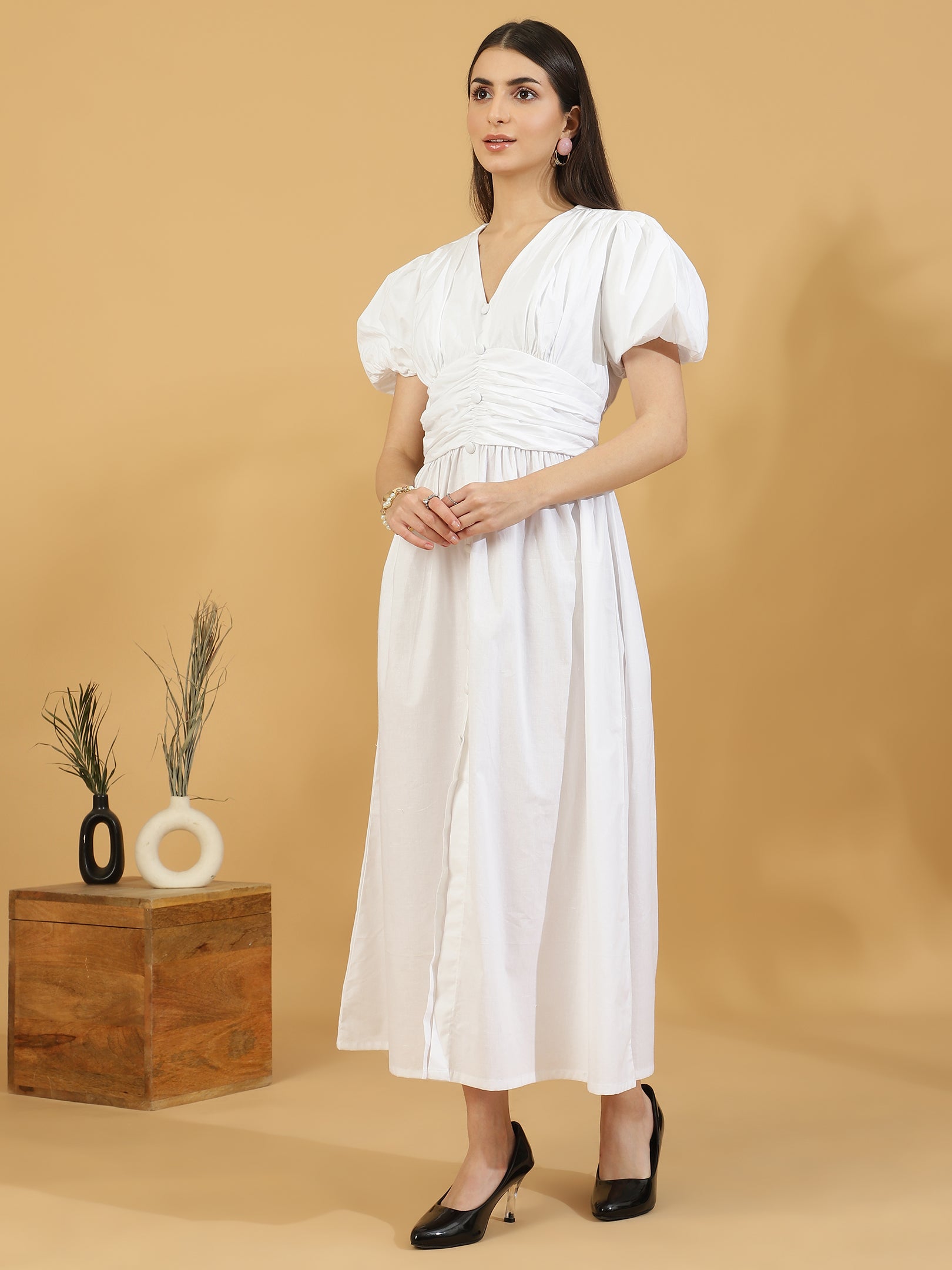 Solid Puff Sleeve Button Down Dress (White)