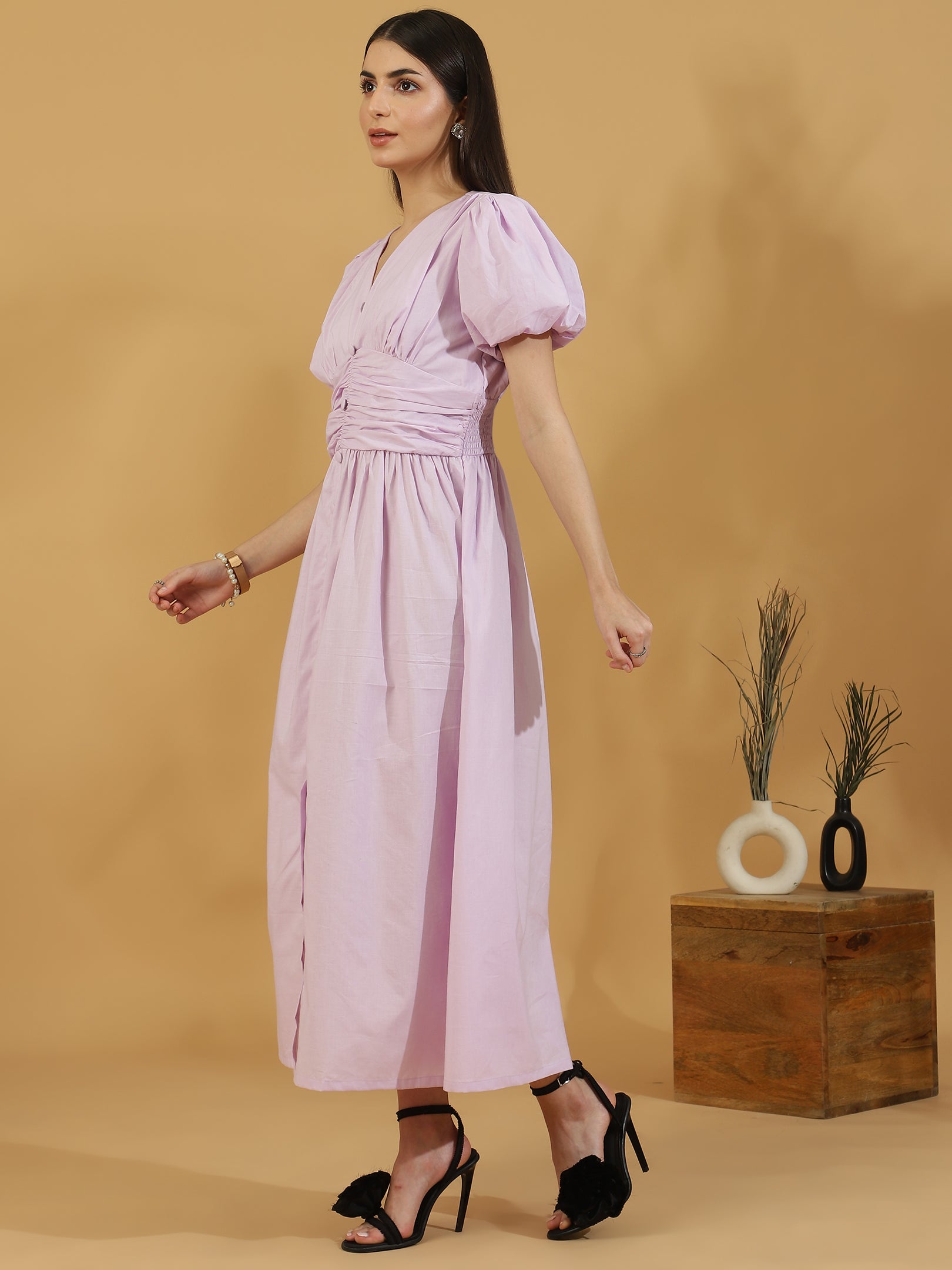 Solid Puff Sleeve Button Down Dress (Lavender)