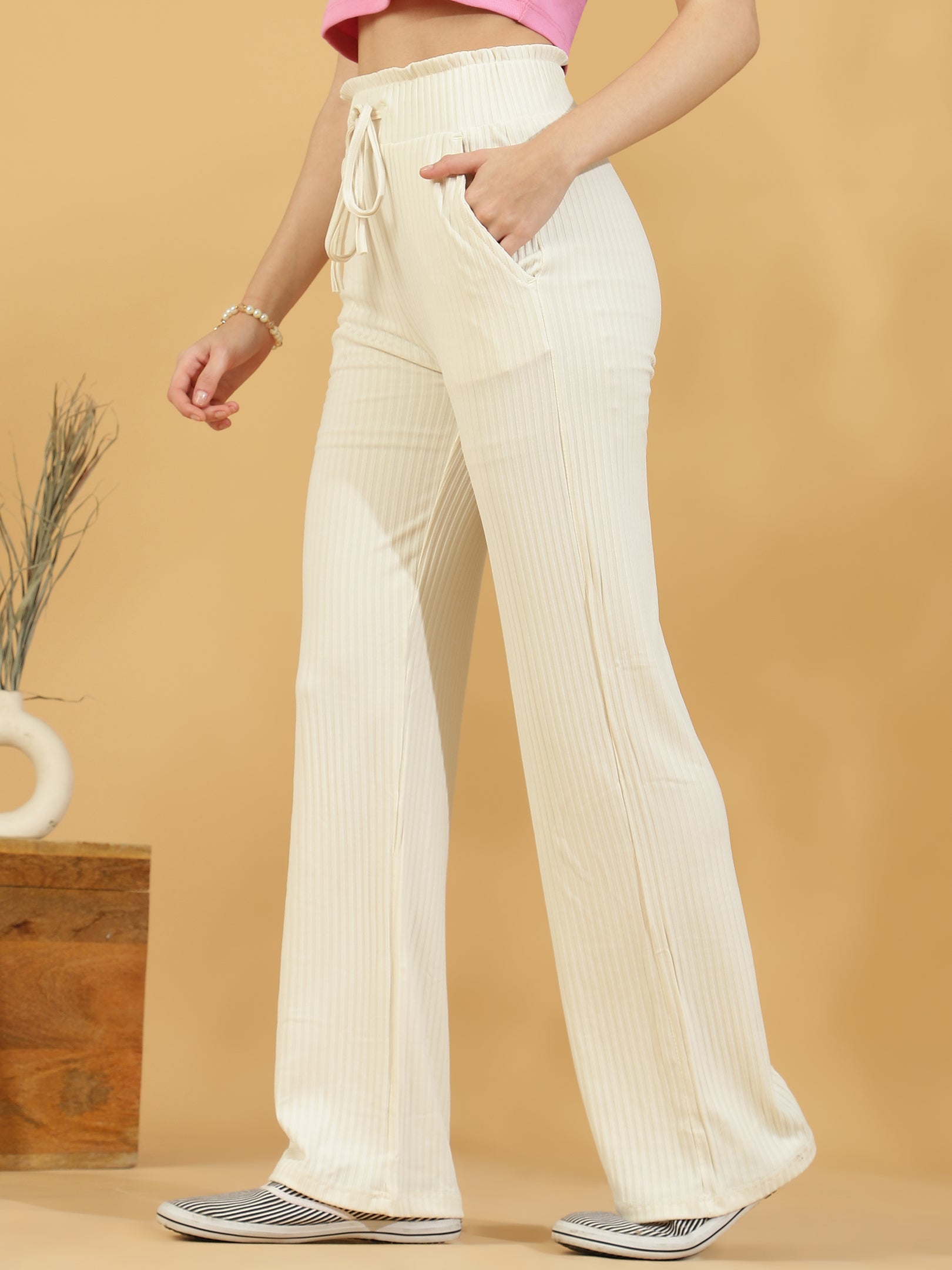 Solid Ribbed Trousers (White)