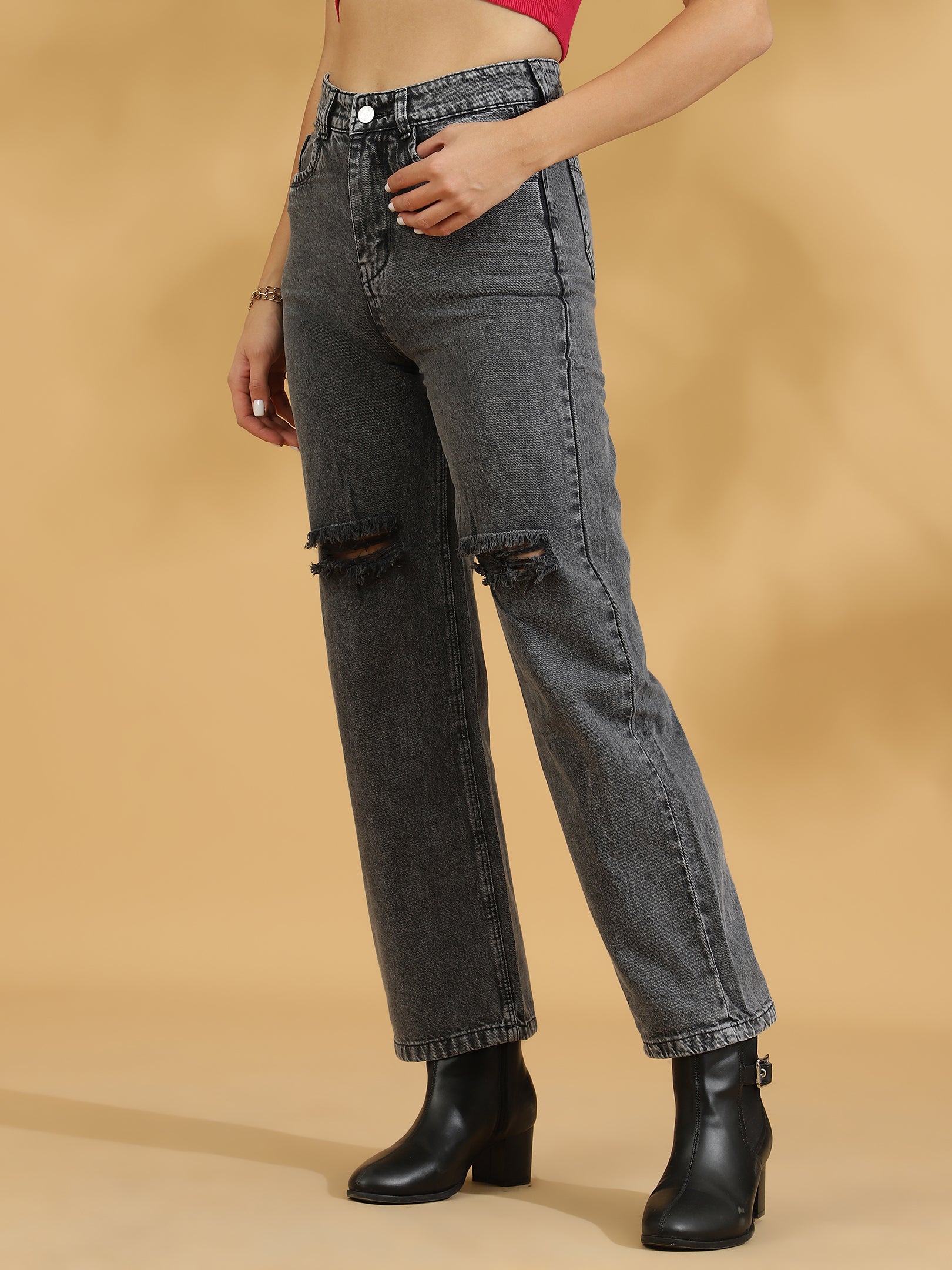 High Rise Distressed Straight fit Jeans (Grey)