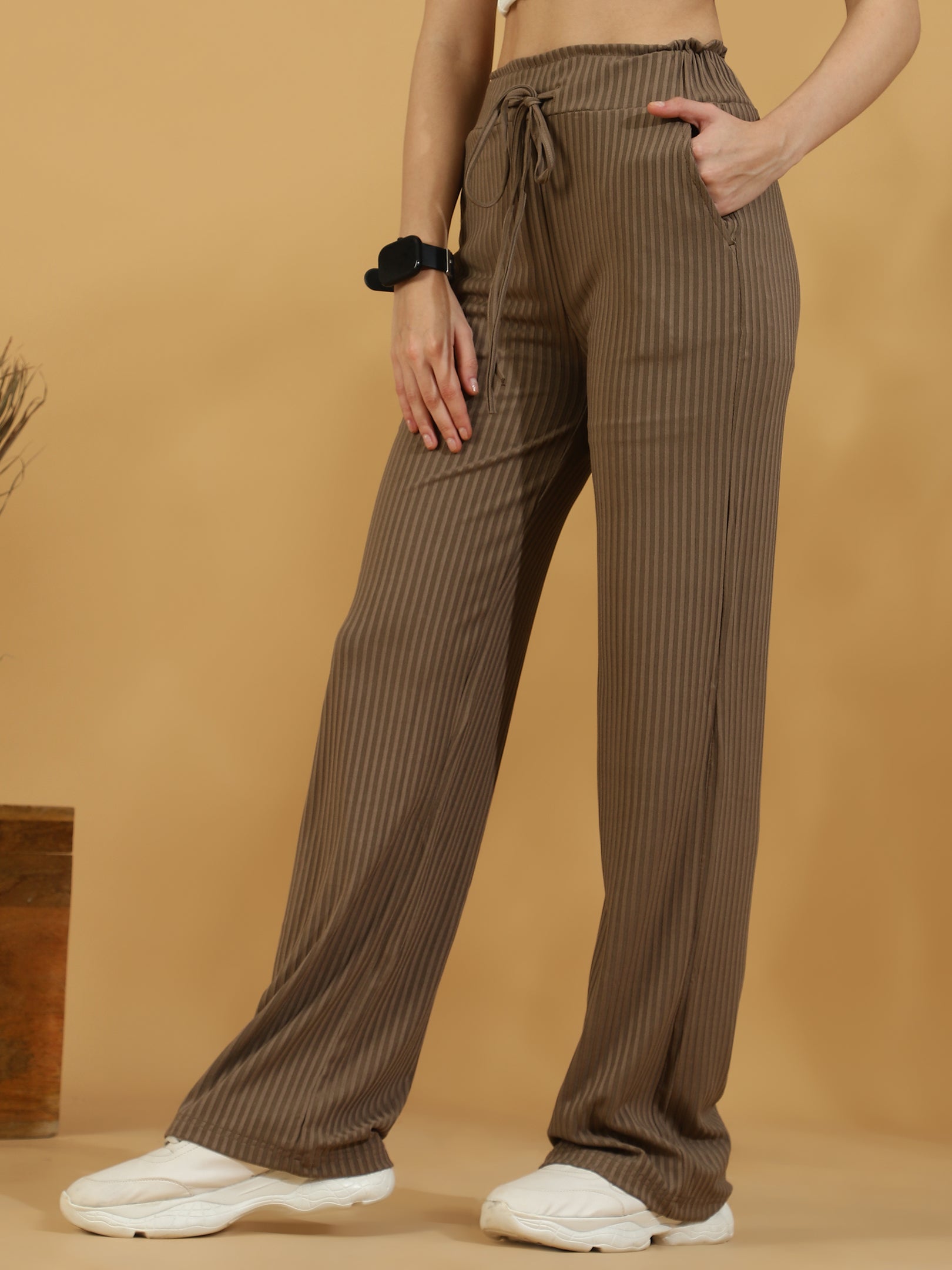 Solid Ribbed Trousers (Dark Beige)