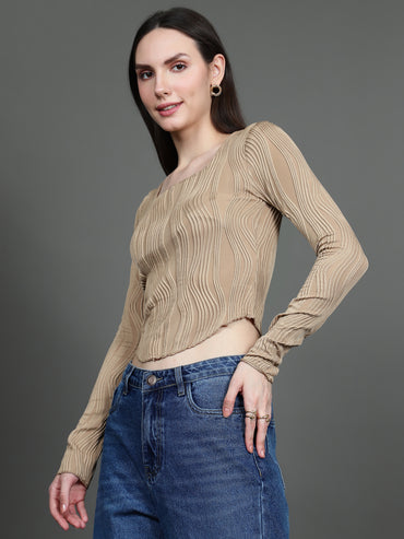 Full Sleeve Square Neck T-Shirt (Beige)