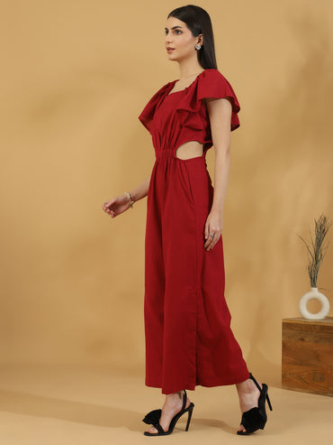 Solid Cutout Sleeveless Jumpsuit (Red)