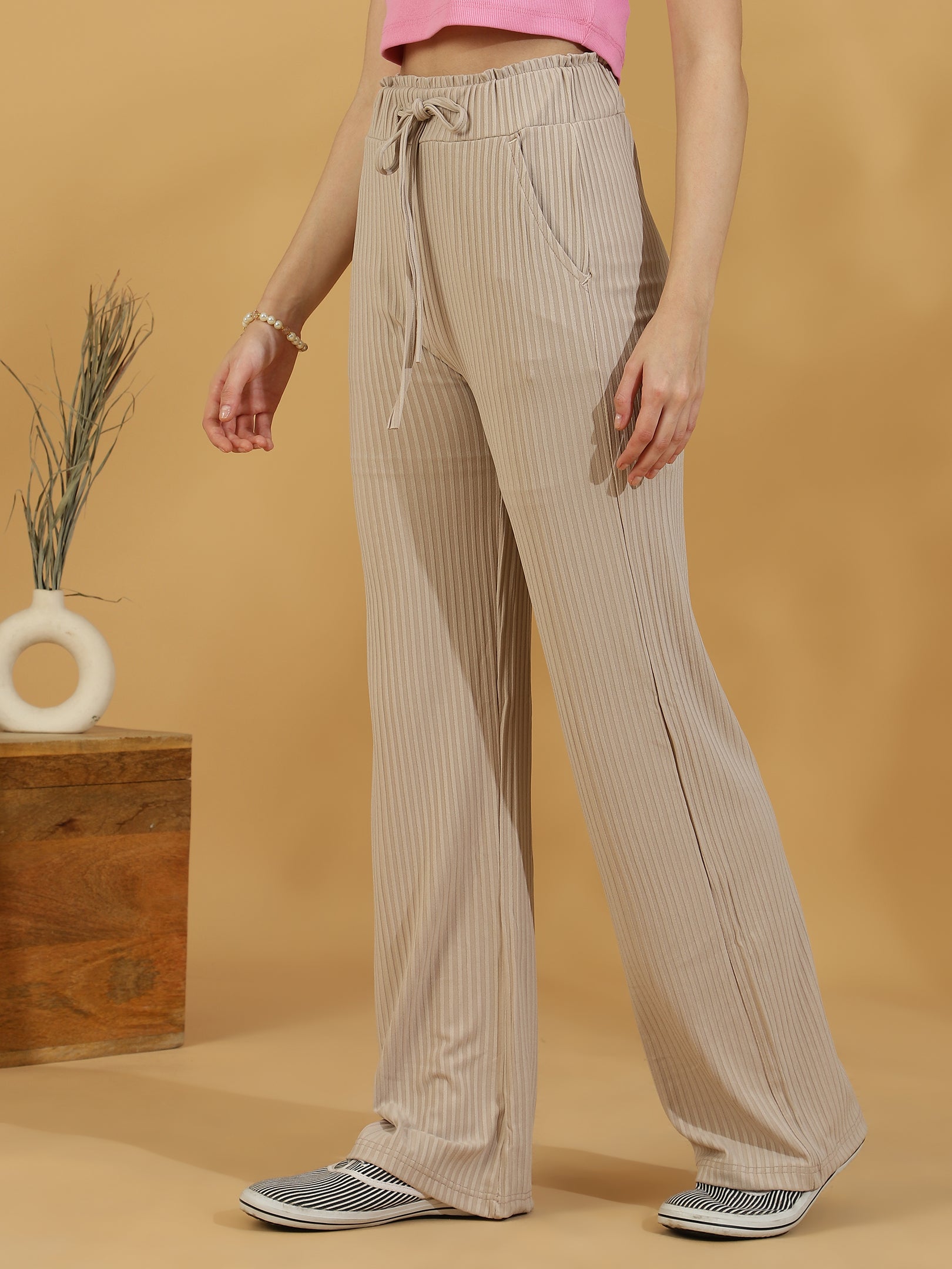 Solid Ribbed Trousers (Light Beige)