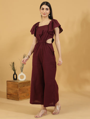 Solid Cutout Sleeveless Jumpsuit (Maroon)