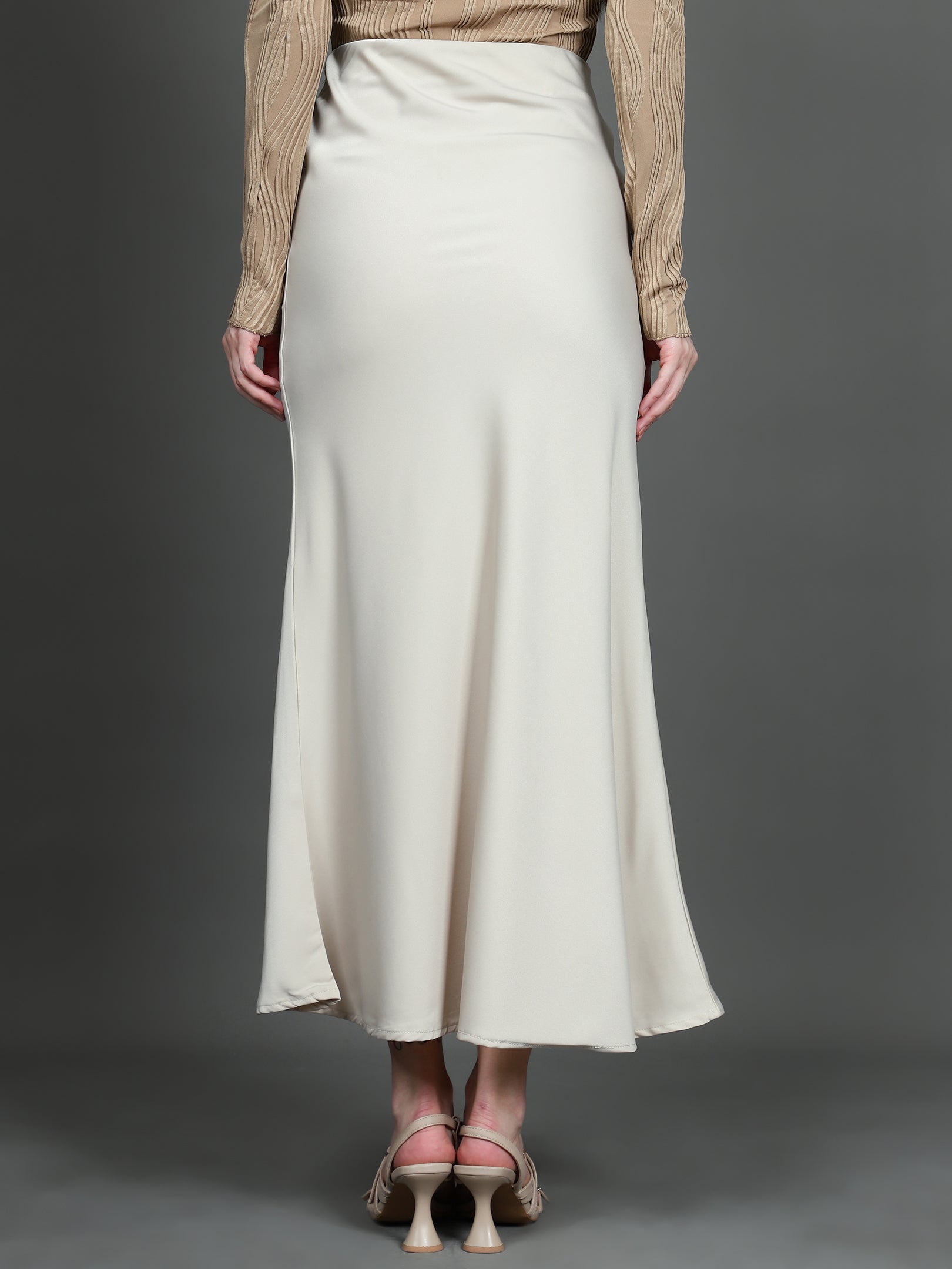 Solid Satin Long Skirt (Light Beige)