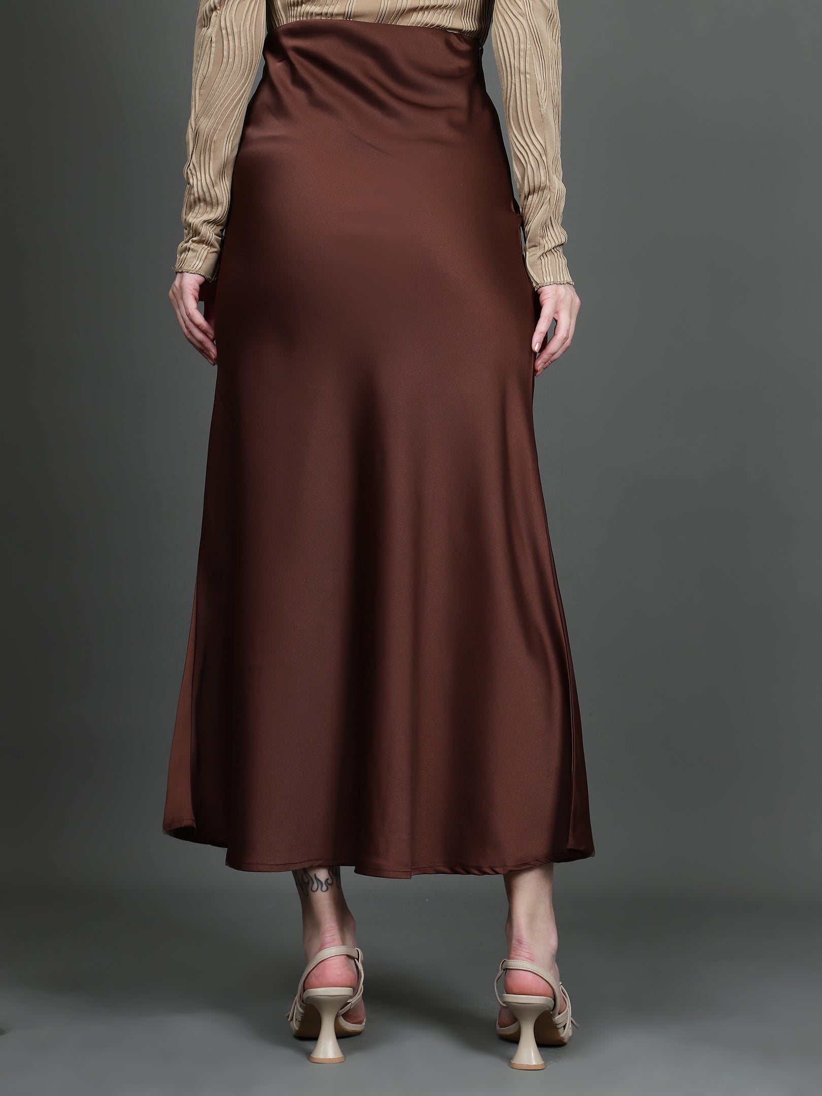 Solid Satin Long Skirt (Dark Brown)