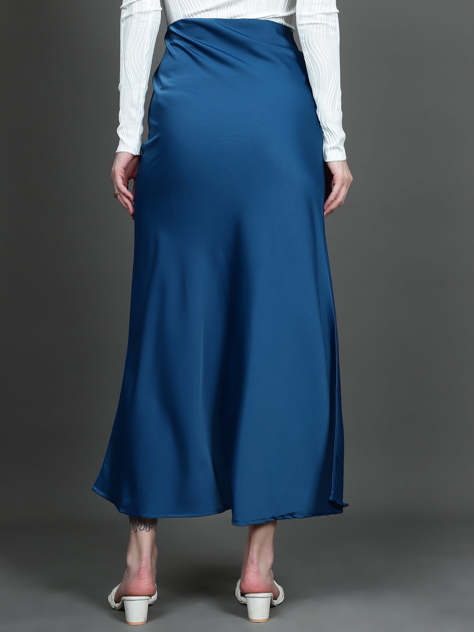 Solid Satin Long Skirt (Blue)