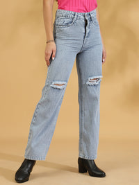 High Rise Distressed Straight fit Jeans (Light Blue)