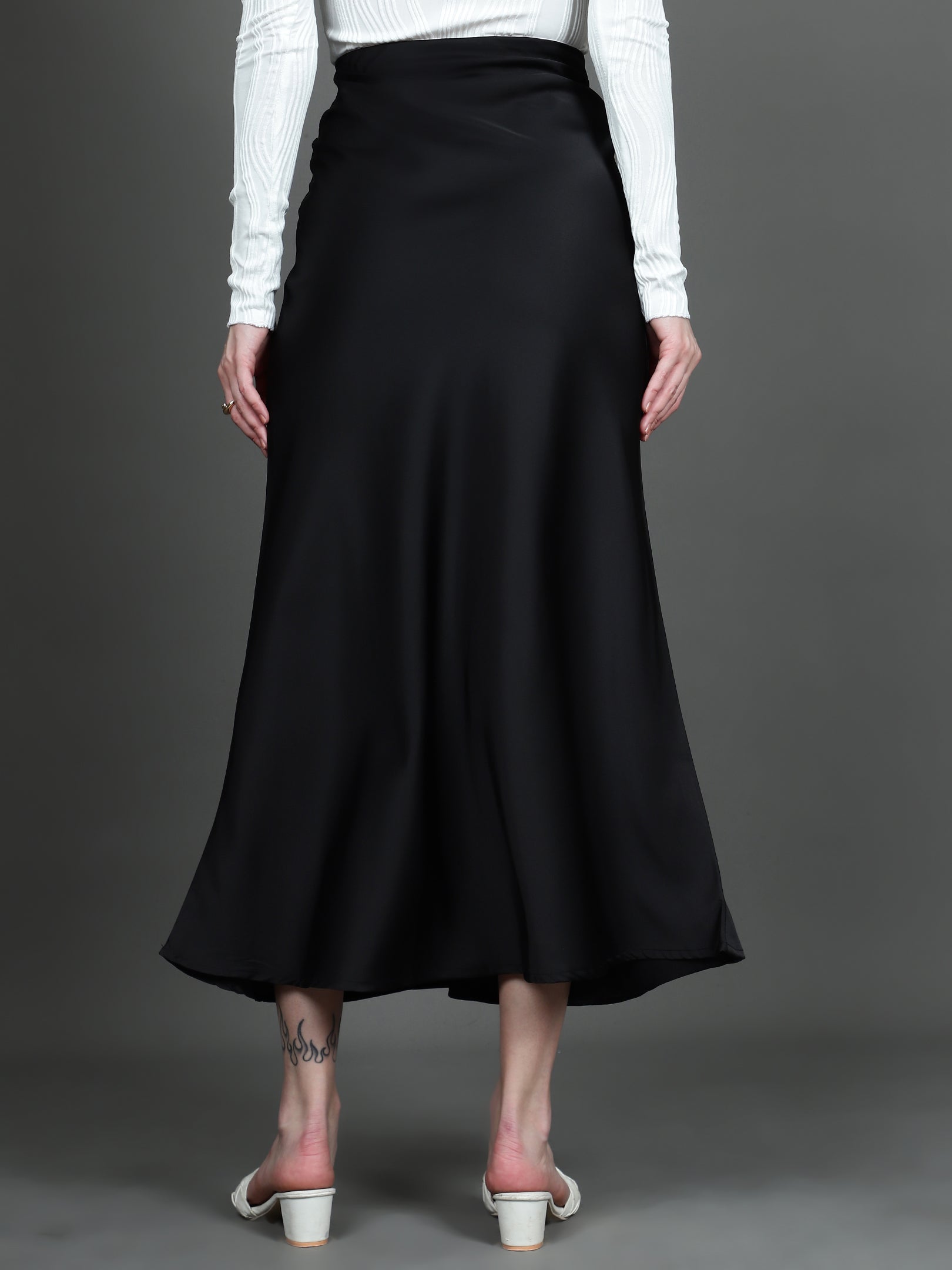 Solid Satin Long Skirt (Black)