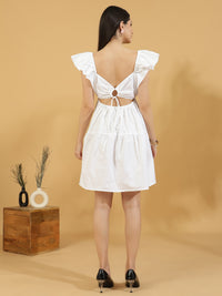 Solid Squared Neck Puff Sleeve One Piece Dress (White)