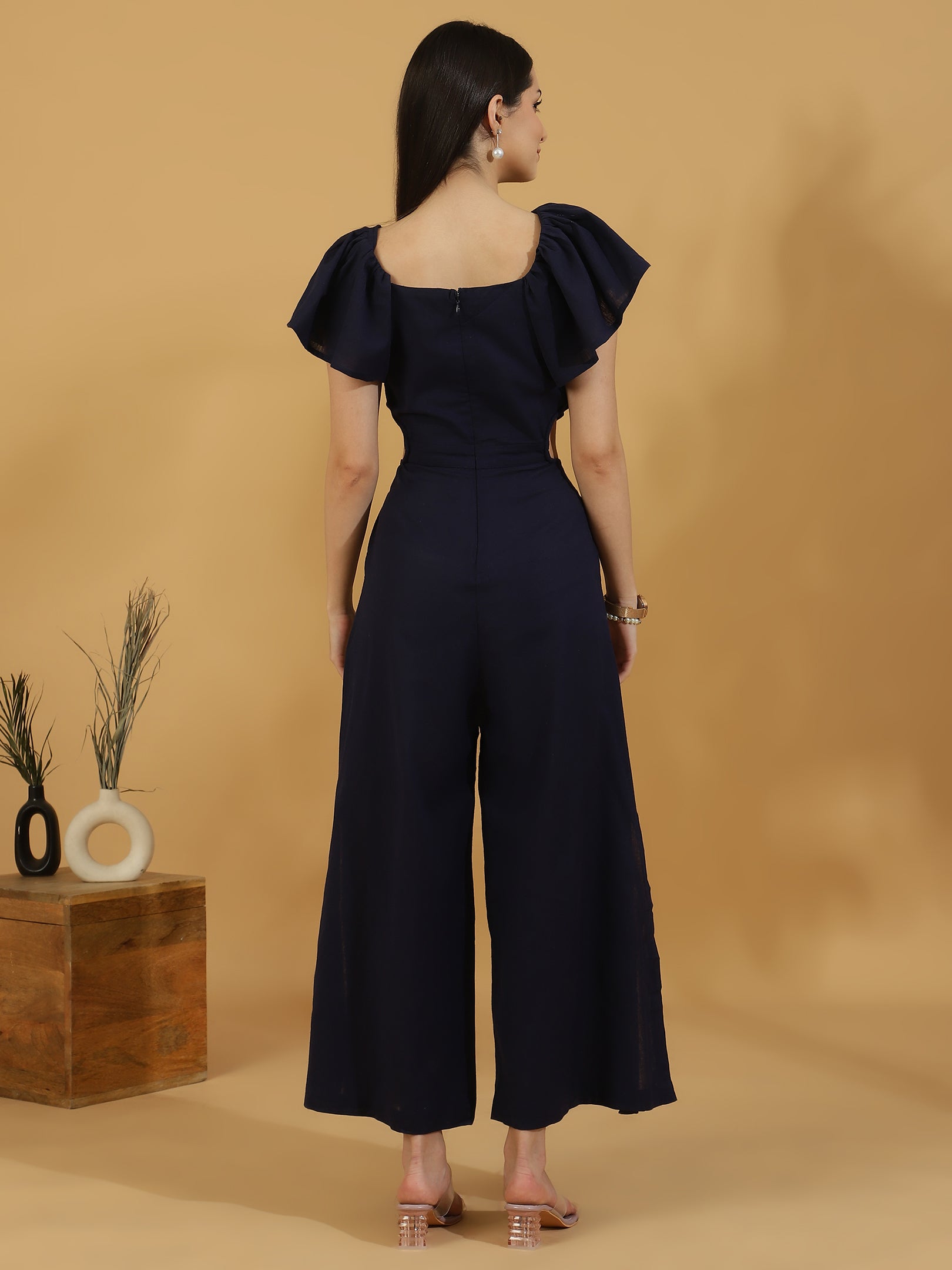 Solid Cutout Sleeveless Jumpsuit (Navy Blue)