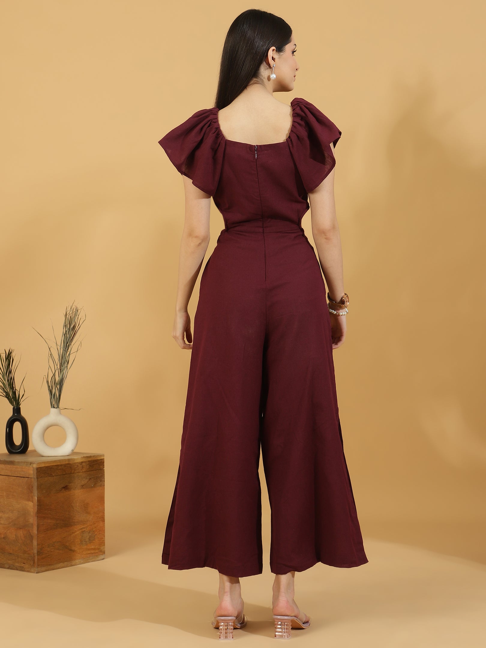 Solid Cutout Sleeveless Jumpsuit (Maroon)