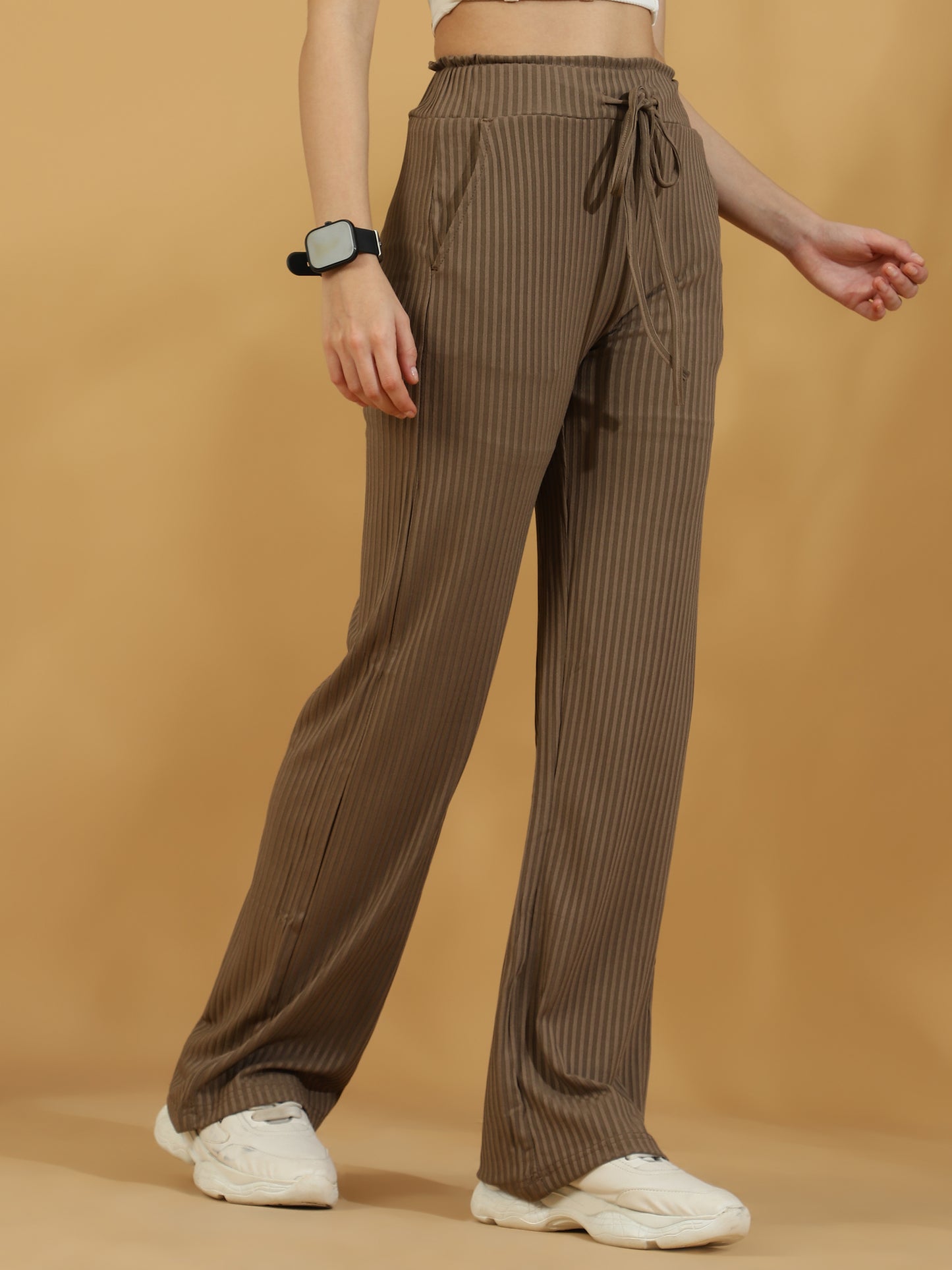 Solid Ribbed Trousers (Dark Beige)