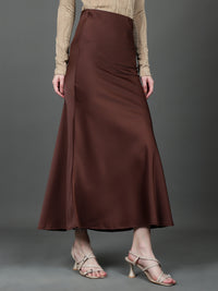 Solid Satin Long Skirt (Dark Brown)
