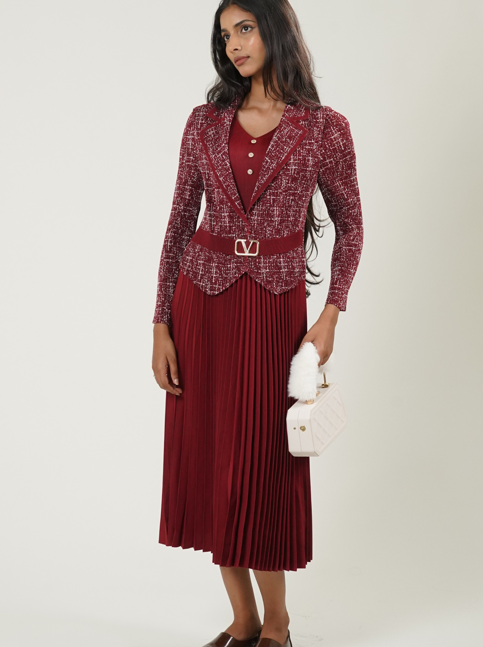 Full Sleeve Long Pleated Dress (Red)